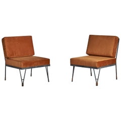 American Design/One, chaises à pantoufles, métal, velours, laiton, États-Unis, années 1950