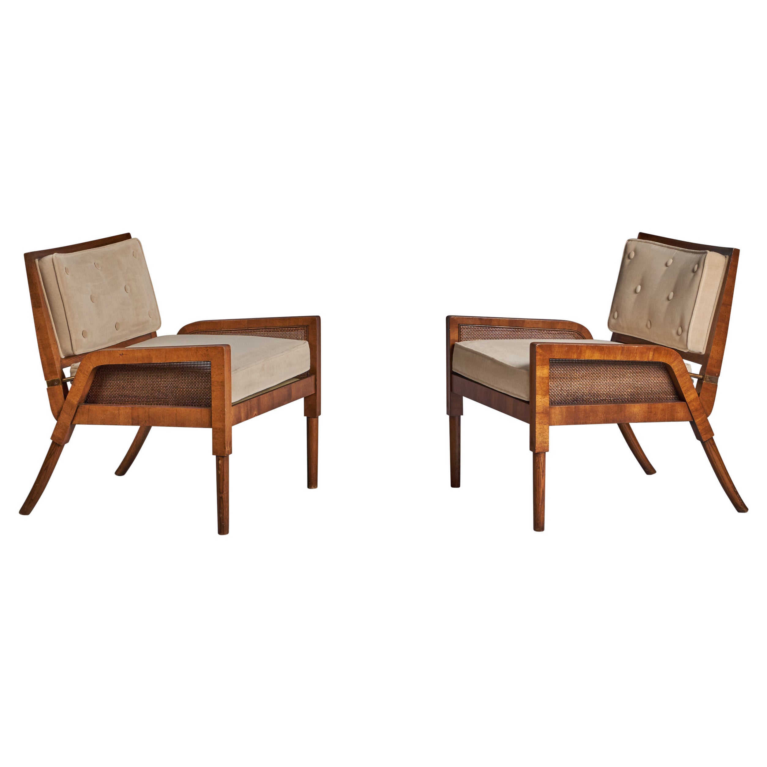 Mastercraft, Lounge Chairs, Burlwood, Cane, Fabric, USA, 1950s