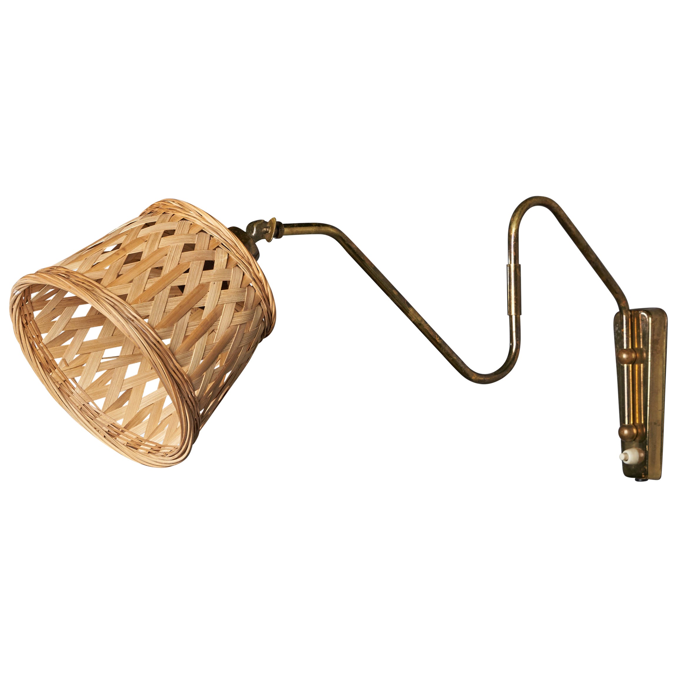 Danish Designer, Wall Light, Brass, Rattan, Denmark, 1940s