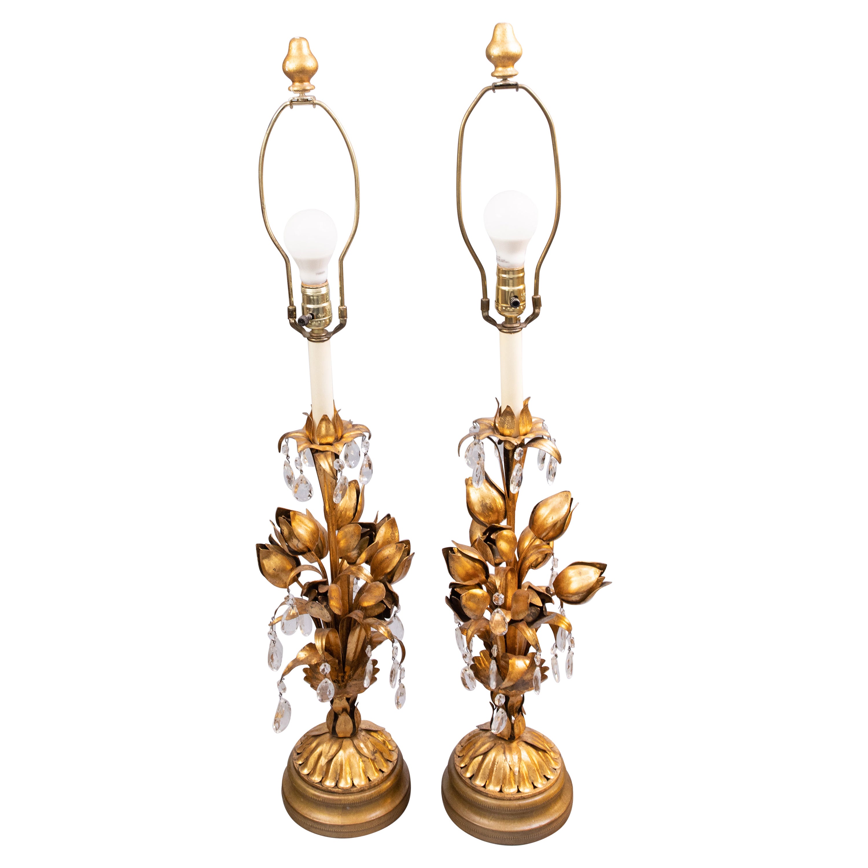 Pair of Large Mid-Century Italian Florentine Gold Gilt Tole & Crystals Lamps