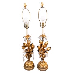 Vintage Pair of Large Mid-Century Italian Florentine Gold Gilt Tole & Crystals Lamps