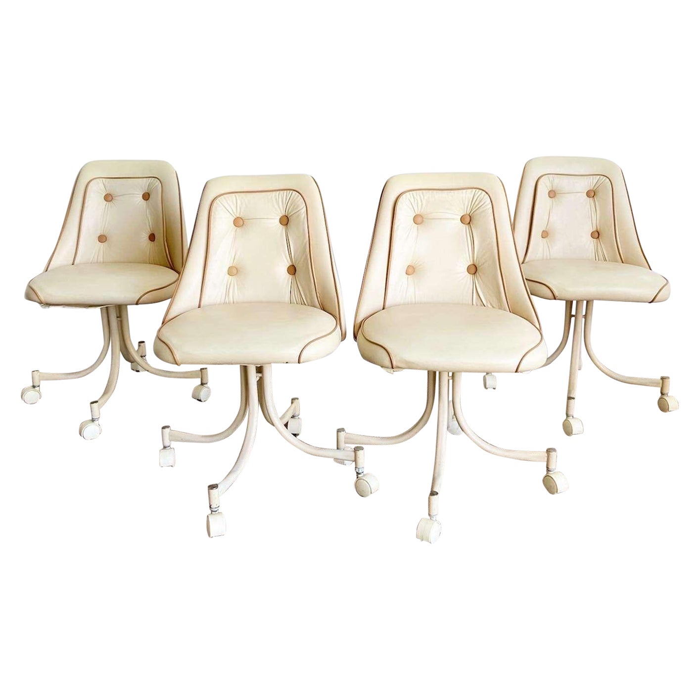 Mid Century Modern Tans and Brown Tufted Vinyl Dining Swivel Chairs - Set of 4 For Sale