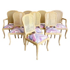 Organic Carved Cane Back Dining Chair With Pink and Purple Cushions - 8 Chairs