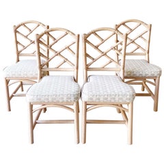 Vintage Boho Chic Bentwood Rattan Chippendale Style Dining Chairs
