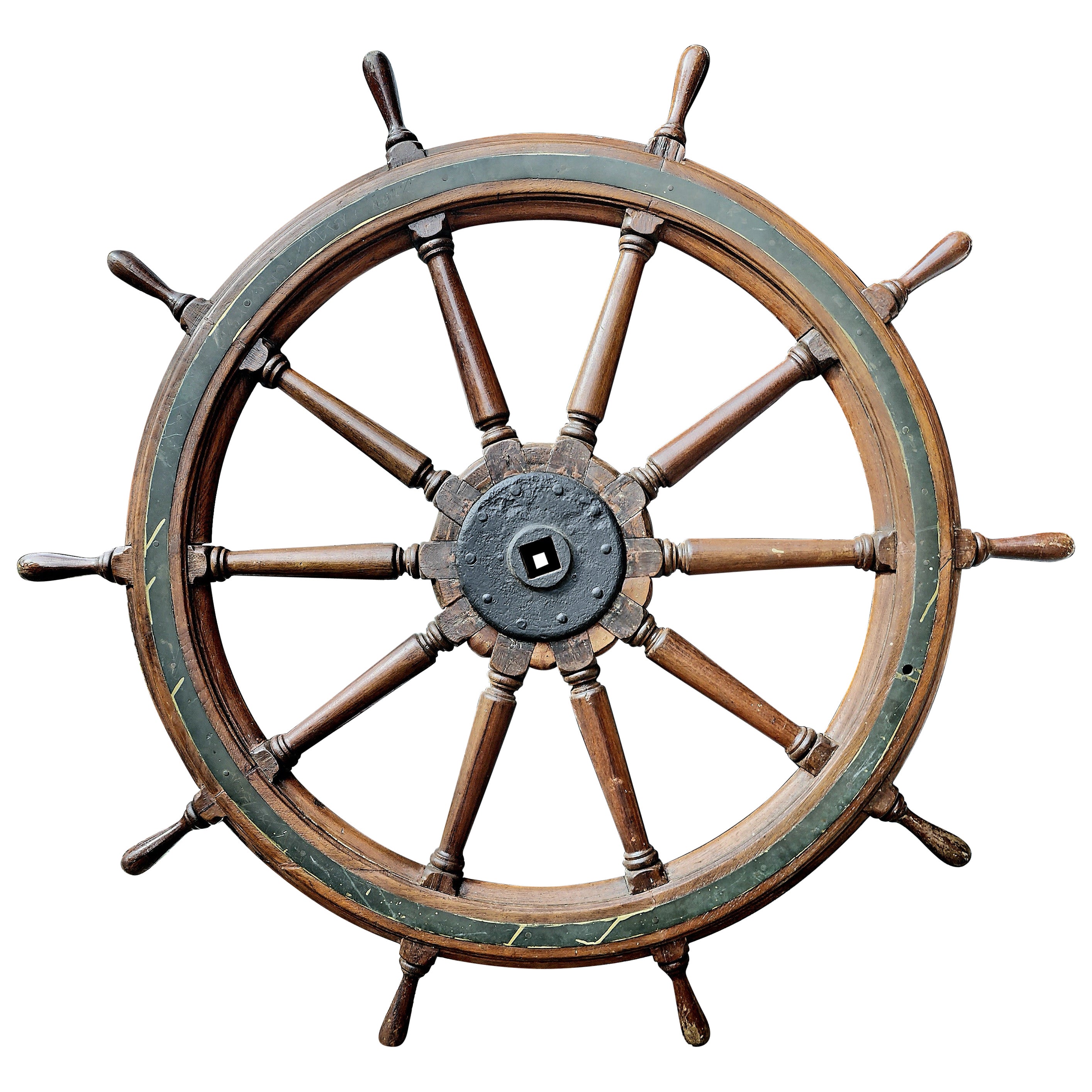 Exceptionally beautiful and large 19th century ships wheel. This item was de-accessioned from a museum collection in Connecticut. museum inventory numbers on mount.
This wheel is an excellent original condition. Retaining an old dry surface and