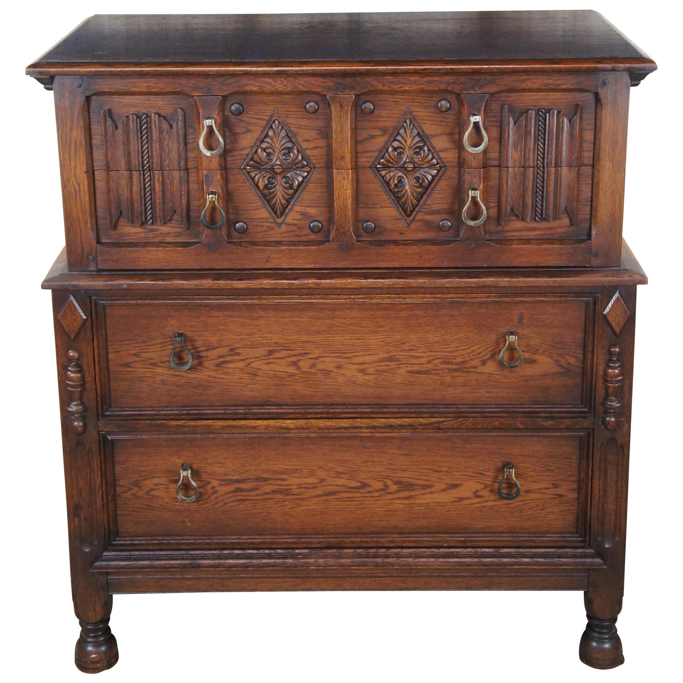 Antique Saginaw Furniture Jacobean Spanish Revival Oak Tallboy Dresser Chest 44"