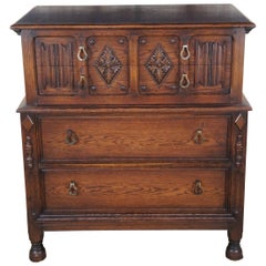 Antique Saginaw Furniture Jacobean Spanish Revive Oak Tallboy Dresser Chest 44" (commode)