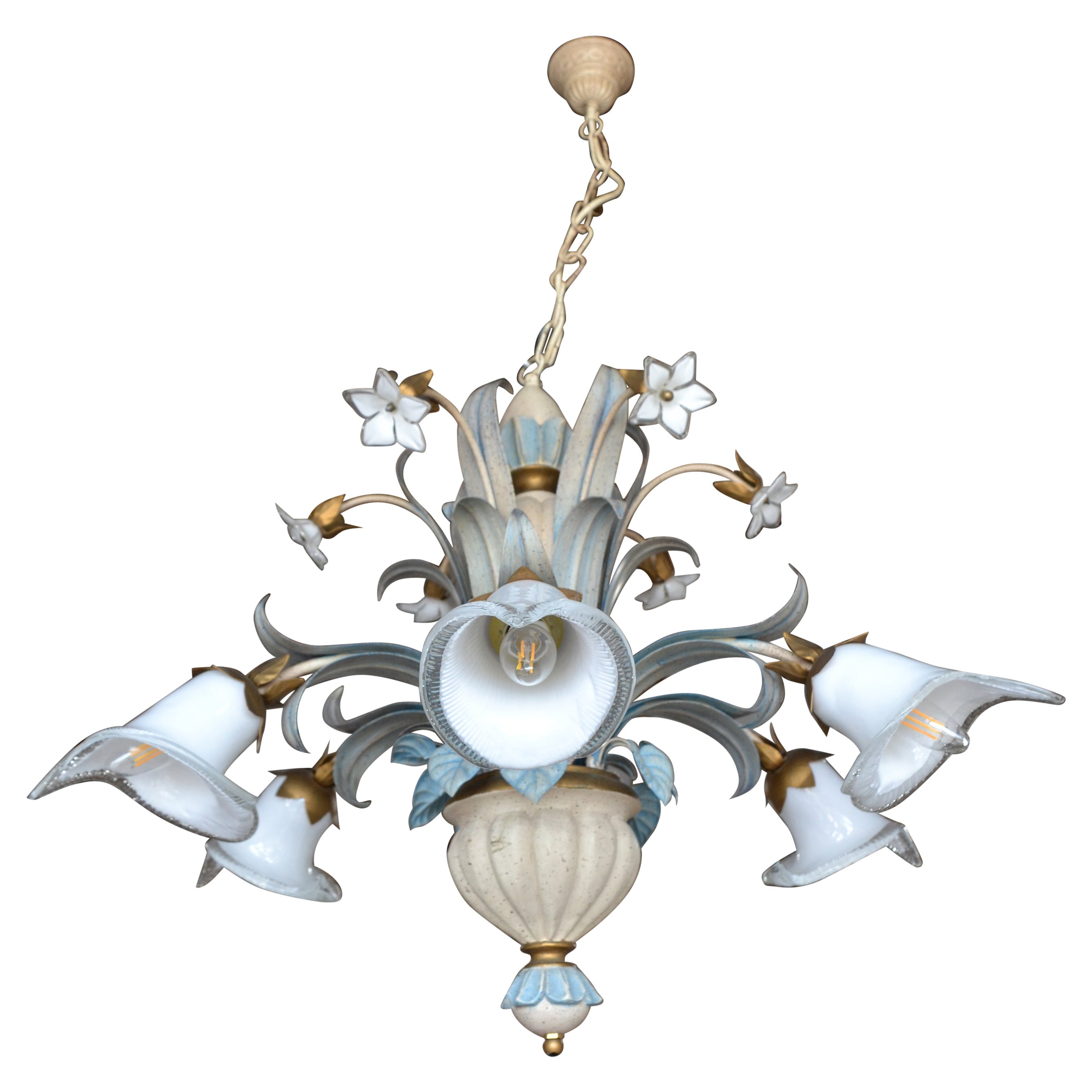 Late 20th Century Venetian 5 light Chandelier with white flowers and shades
