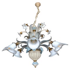 Late 20th Century Venetian 5 light Chandelier with white flowers and shades