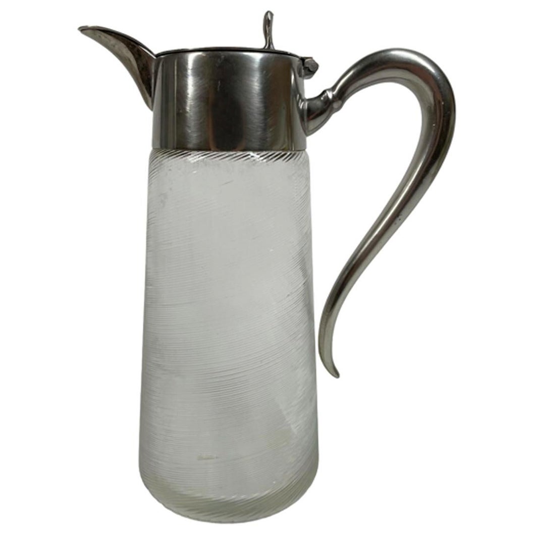 Art Deco Bar/Water Pitcher, Silver Plate Mounted Threaded Glass of Tapered Form For Sale