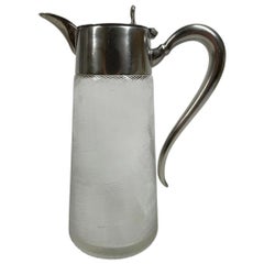 Art Deco Bar/Water Pitcher, Silver Plate Mounted Threaded Glass of Tapered Form