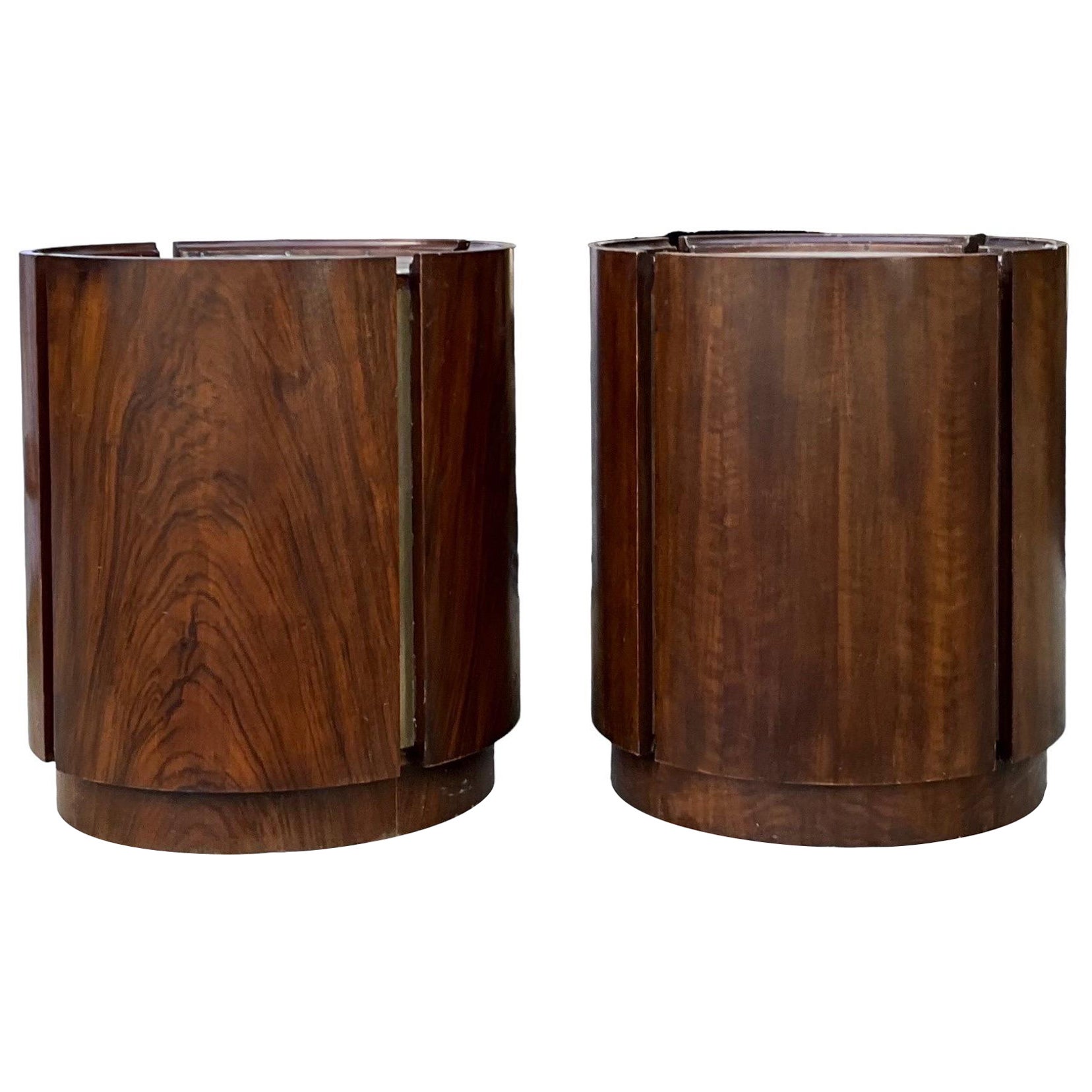 Mid-Century Modern Walnut And Brass Cylinder Form Drum Tables -Pair For Sale