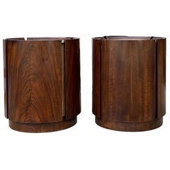 Used Mid-Century Modern Walnut And Brass Cylinder Form Drum Tables -Pair