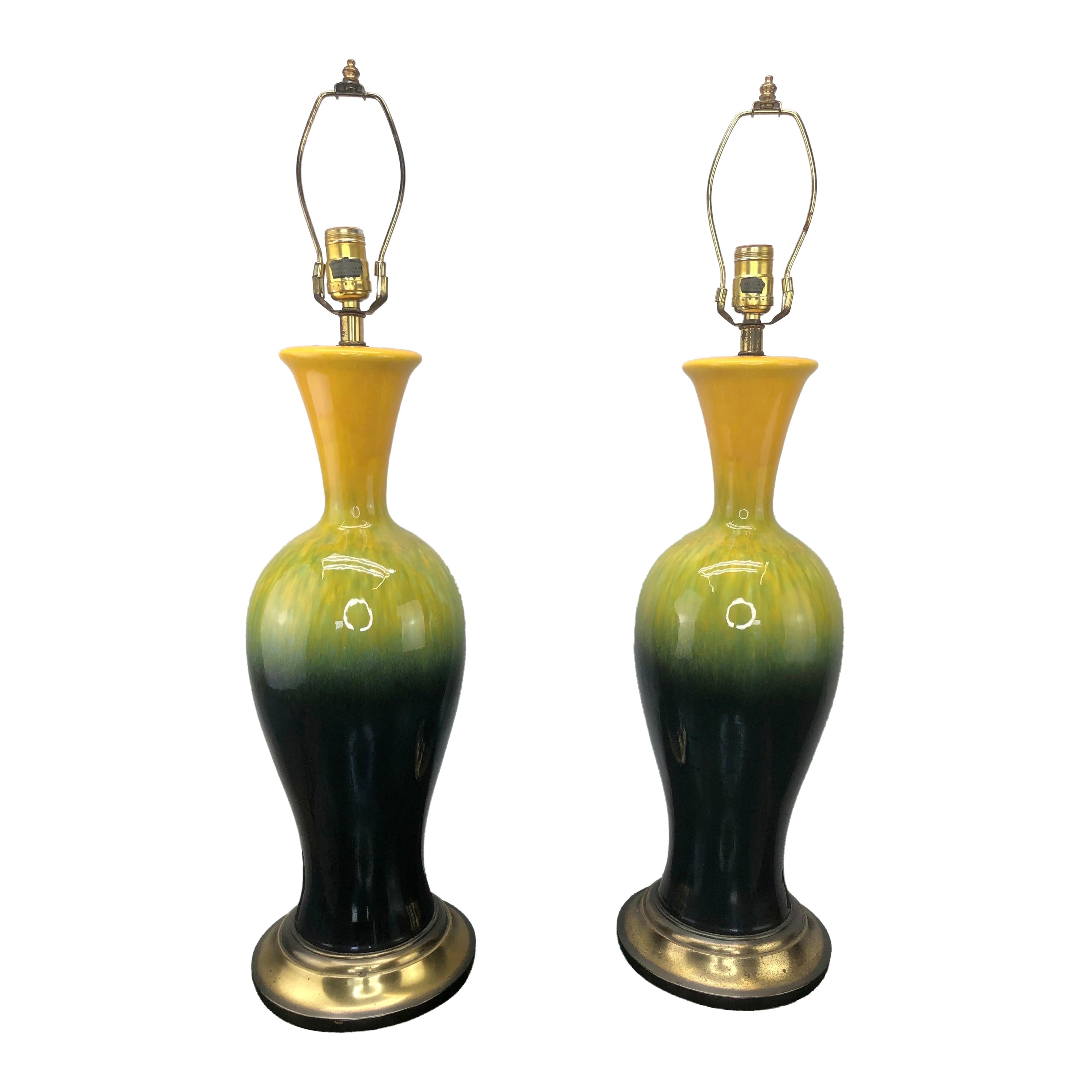 Pair of Glazed Ceramic Baluster Form Mid Century Lamps For Sale