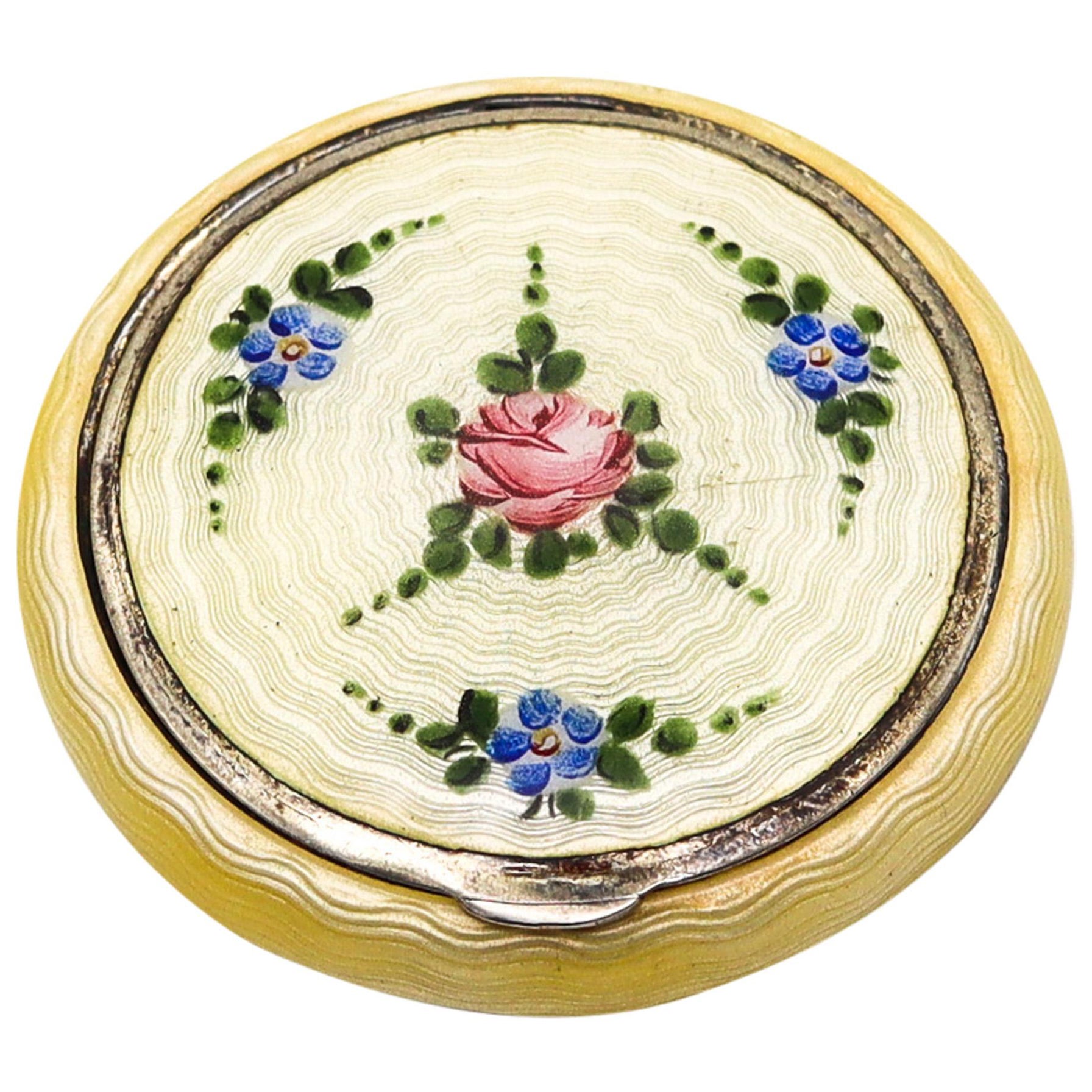 Bliss Brothers 1925 Art Deco Guilloche Yellow Enamel Round Box In .925 Sterling  For Sale