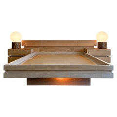 Vintage White Oak Wood Queen Platform Bed Headboard With Nightstands Postmodern