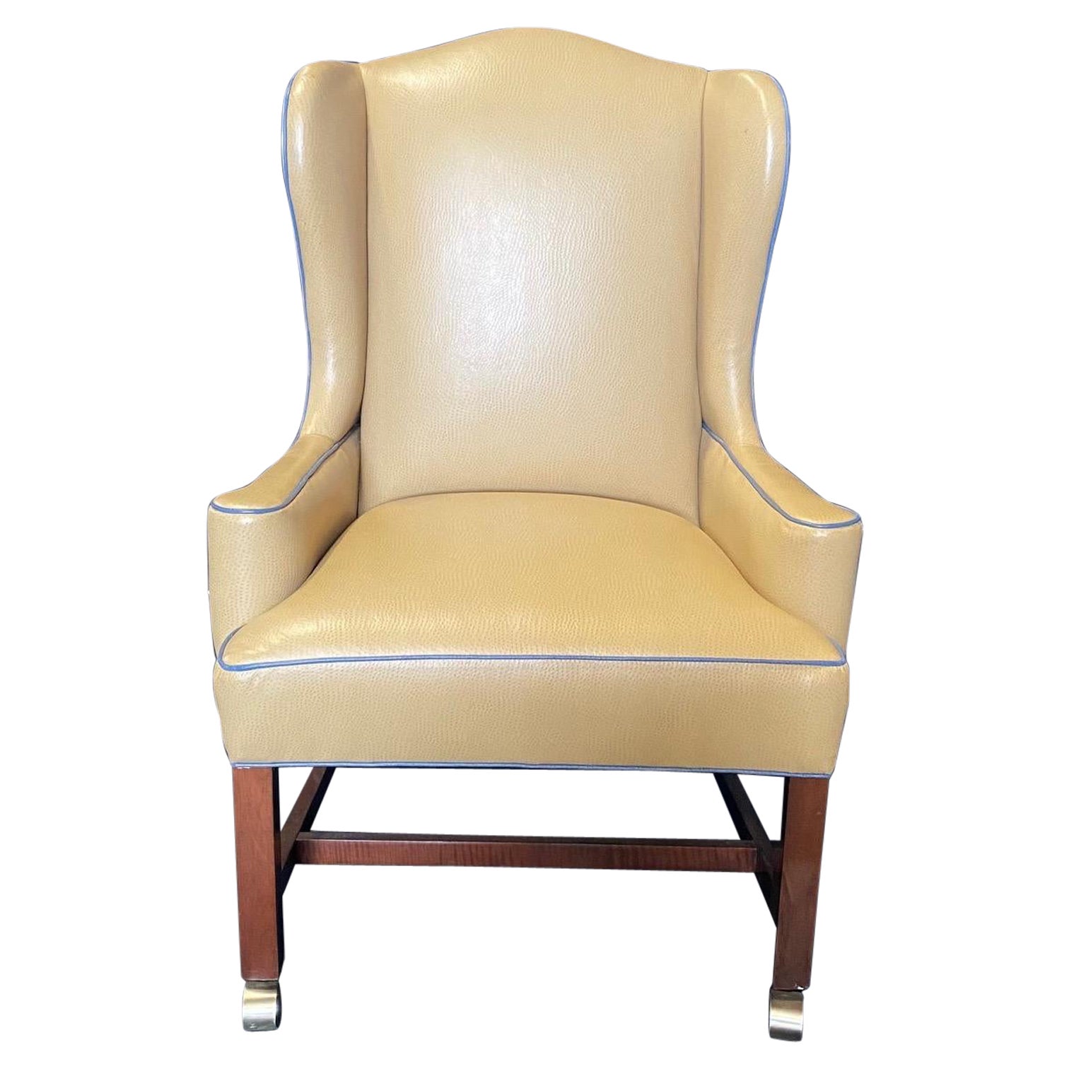 Beige & Teal George III Style Leather Snakeskin Wing Chair For Sale