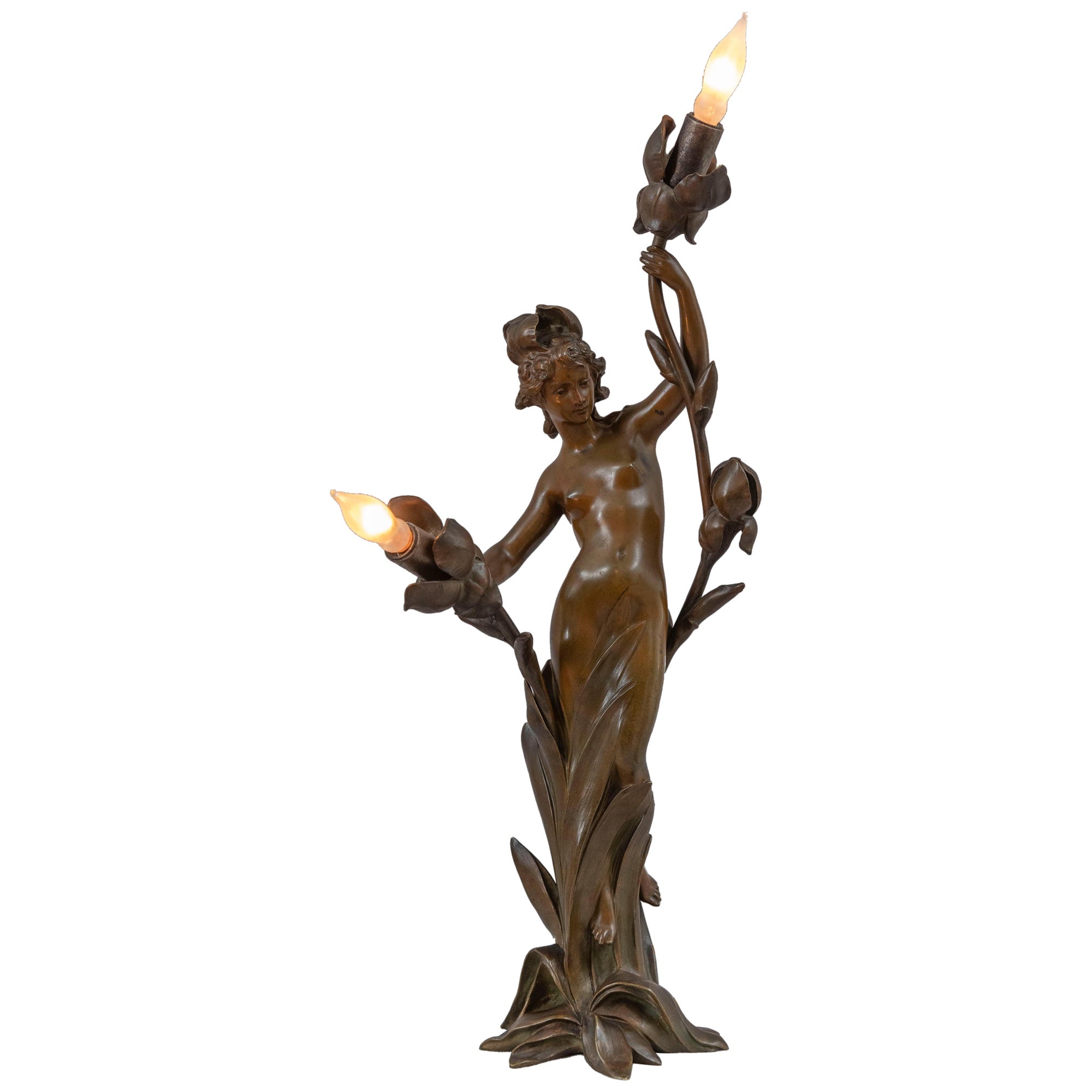 Antique Art Nouveau Lamp w/Partially Nude Woman, Jean-Baptiste Germain, French
