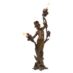 Antique Art Nouveau Lamp w/Partially Nude Woman, Jean-Baptiste Germain, French