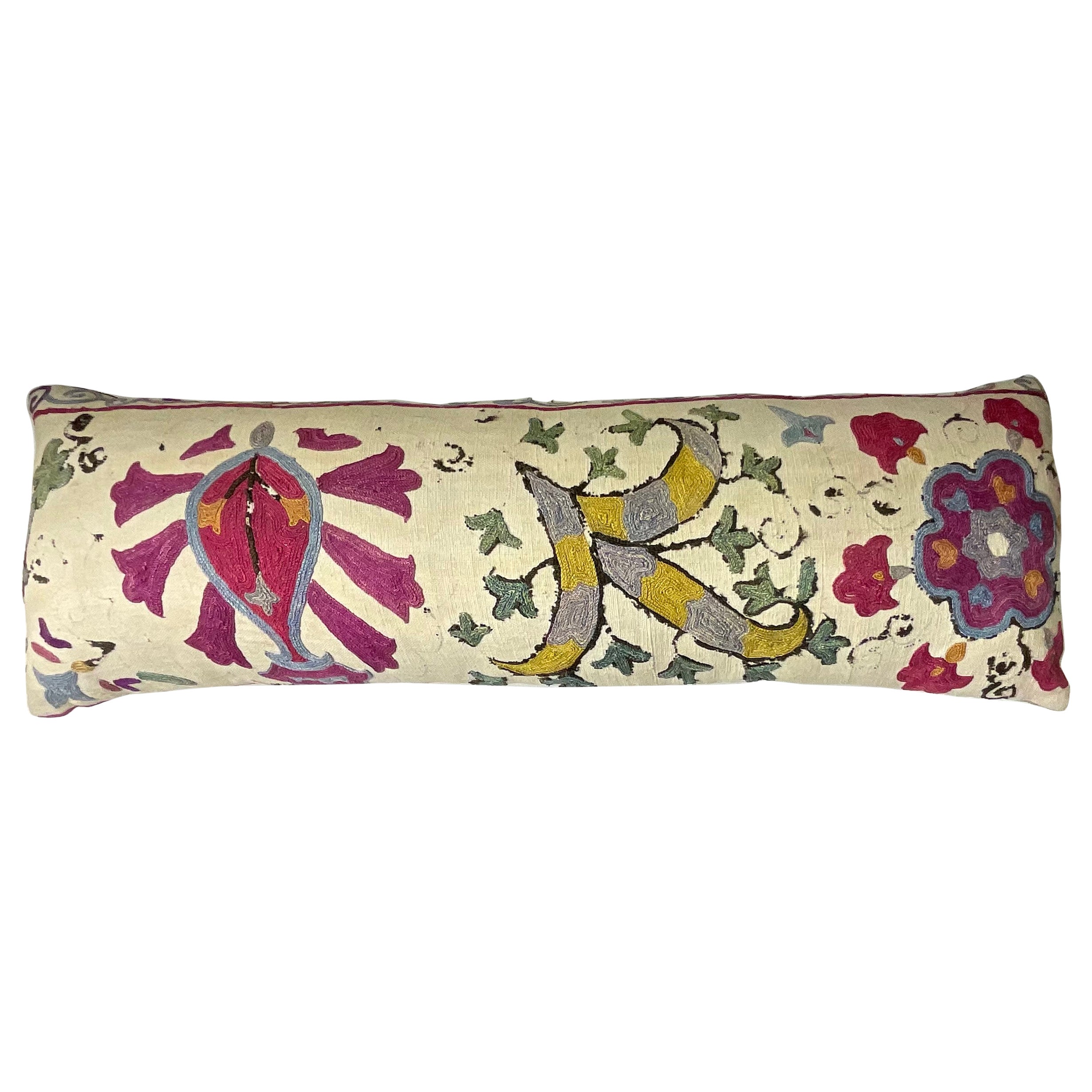Single Long Antique Silk Embroidery Suzani Pillow For Sale