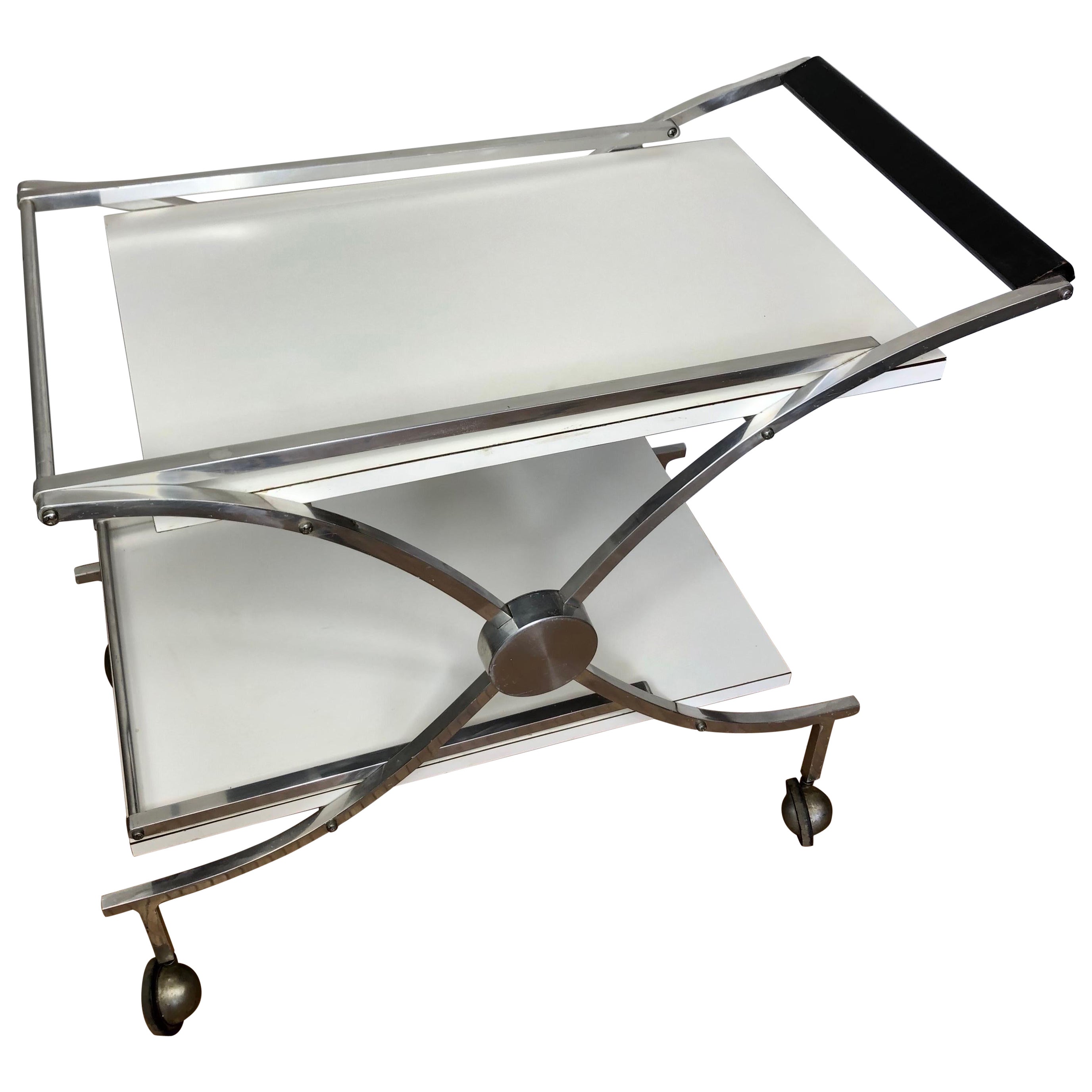 Vintage Mid- Century White Laminate and Chrome Bar Cart 33w 28.5h 18.5d For Sale