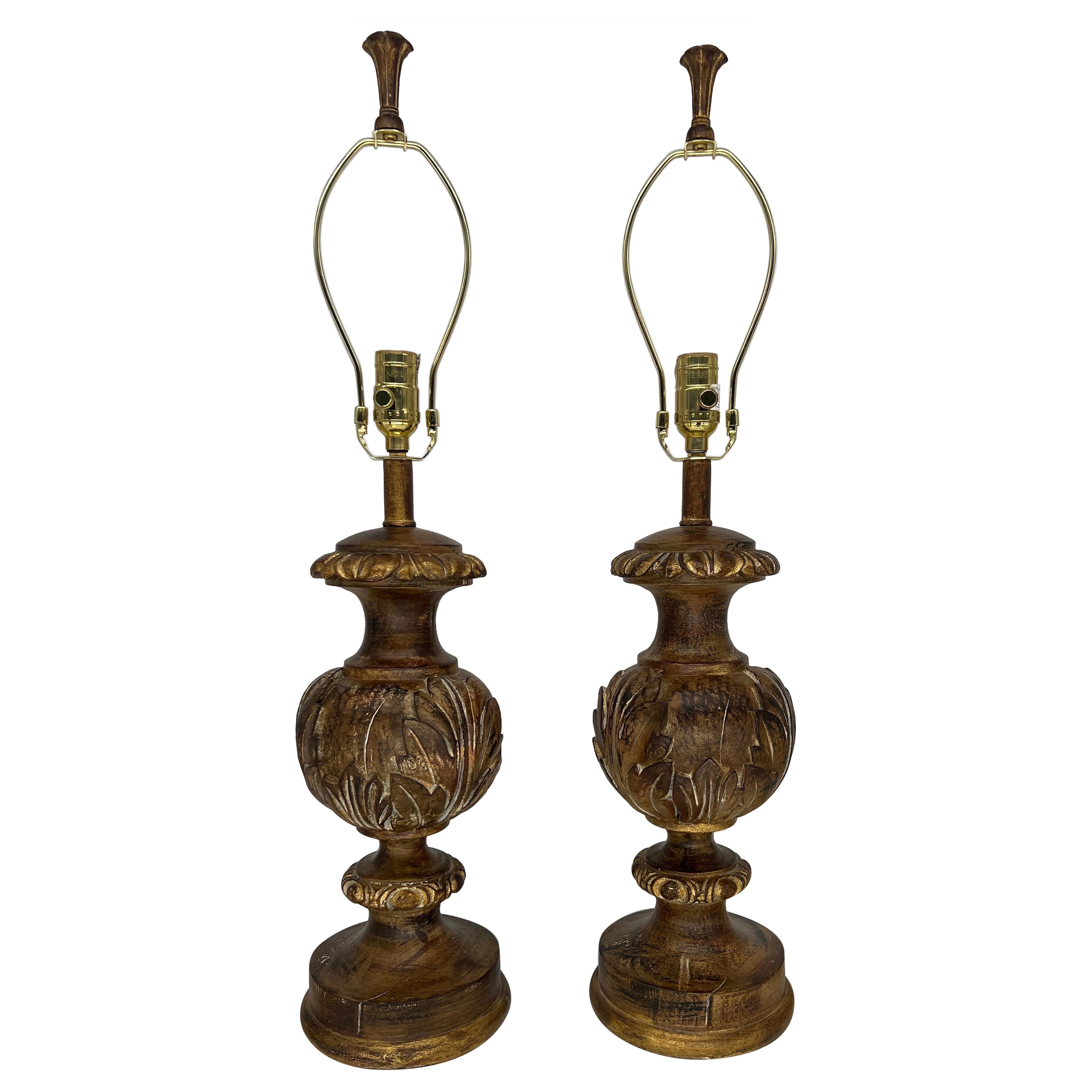 Pair, Fine Arts Lamp Company Gilt wood Baroque Style Table Lamps  For Sale