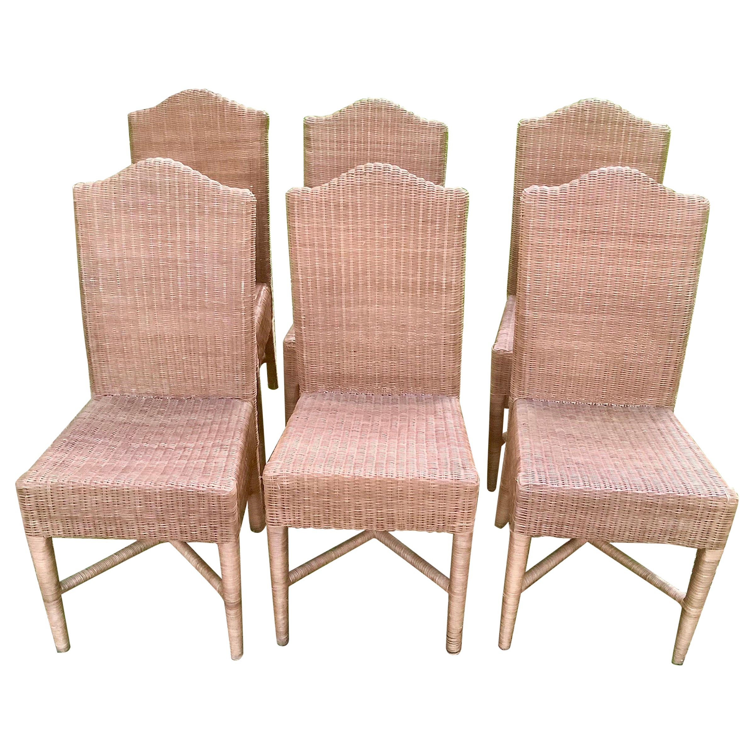 Set of Six Vintage Woven Wicker Dining Chairs For Sale