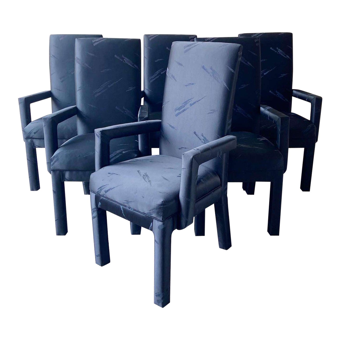 Postmodern Black on Black Upholstered Parsons Dining Chairs - Set of 6 For Sale