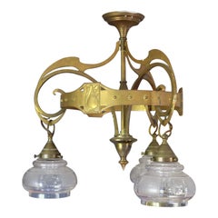 French art nouveau brass and glass chandelier