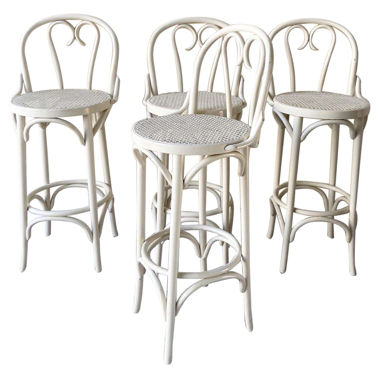 Boho Chic Bentwood Thonet Cane Stools - Set of 4 For Sale