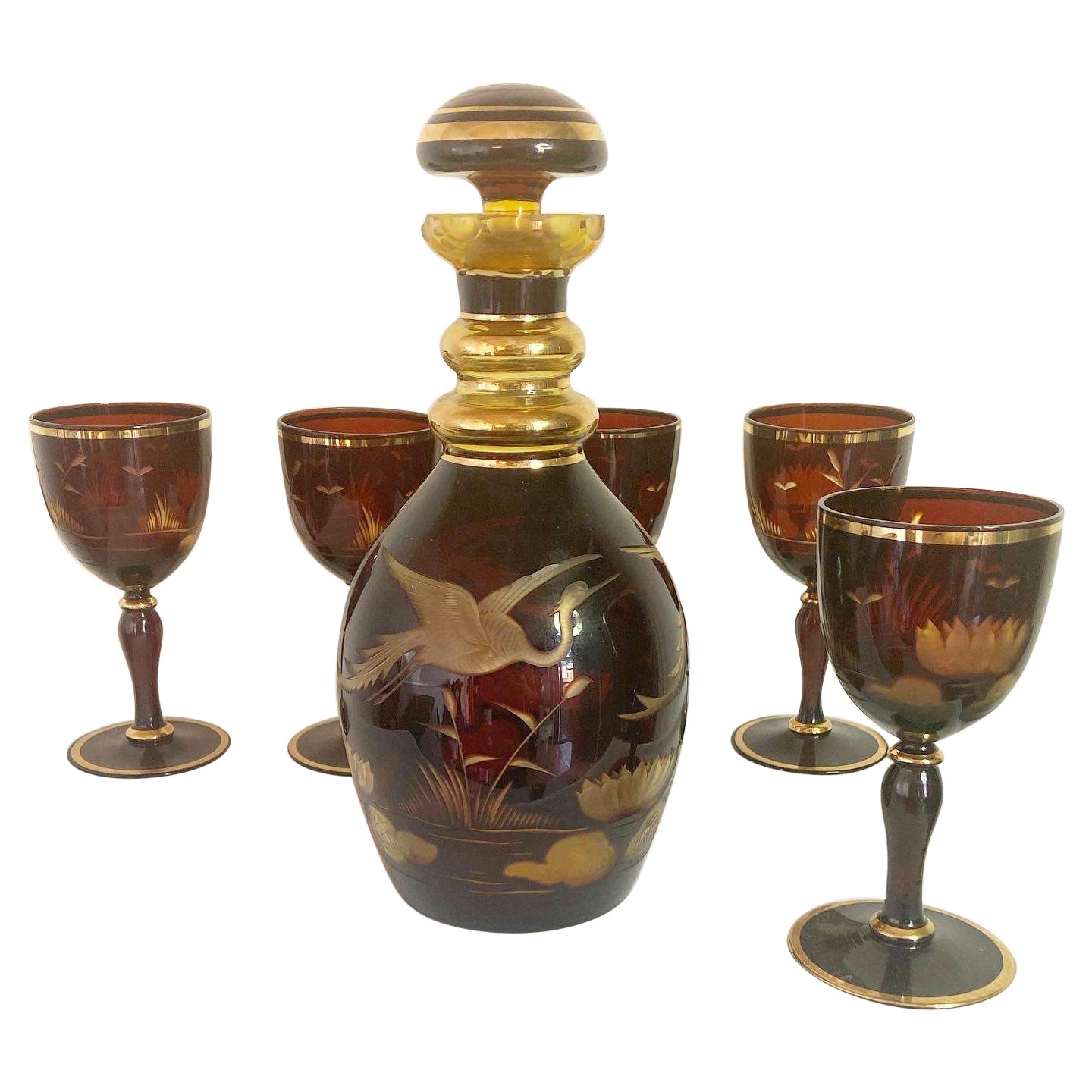 Vintage Bohemian Etched Amber Glass Decanter With Glasses For Sale