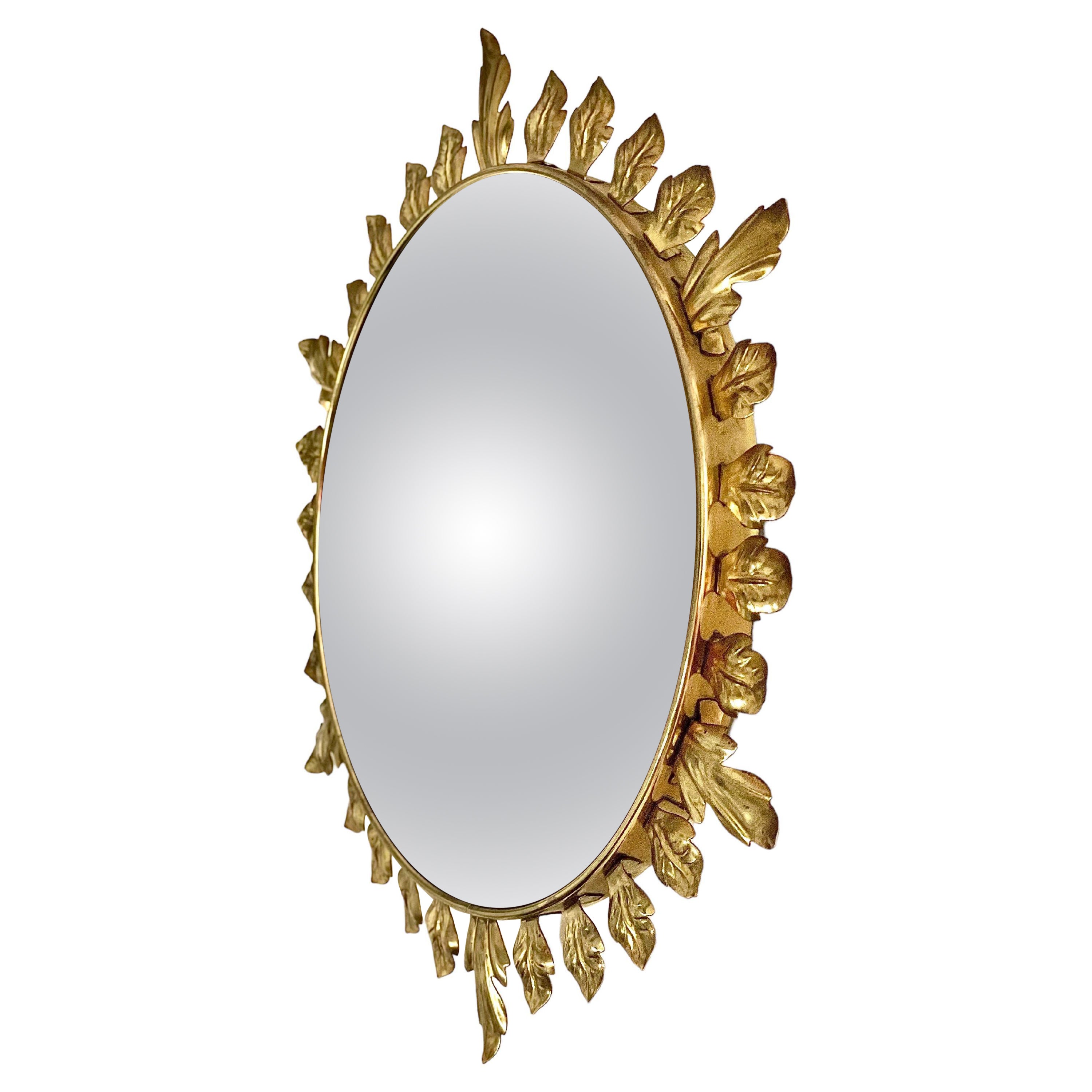 Convex Gilt Metal Sunburst Mirror For Sale