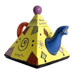 Vintage Memphis Style Pyramid Teapot - Hand Painted, Multi-Colored Design