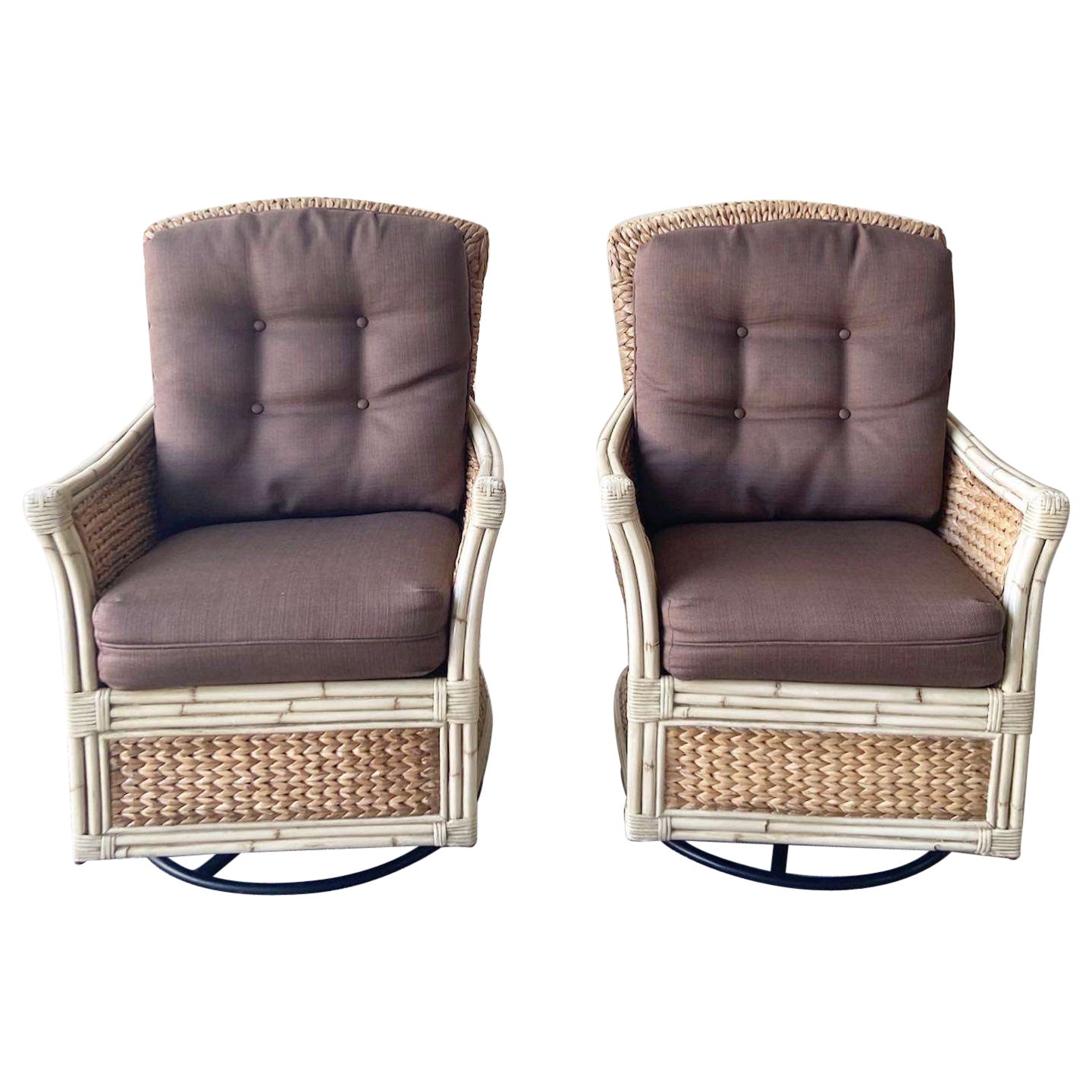 Boho Chic Bamboo Rattan and Sea Grass Rocking Swivel Chairs For Sale
