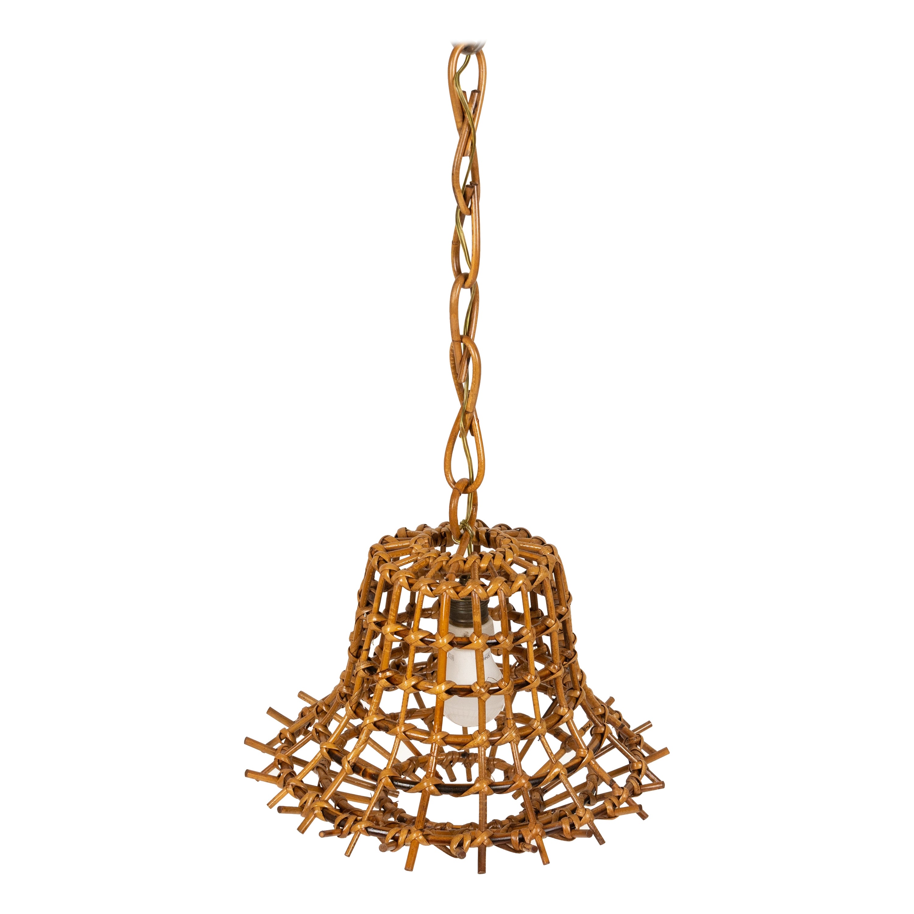 Midcentury Rattan & Bamboo Chandelier "Lantern" Louis Sognot Style, Italy 1960s For Sale