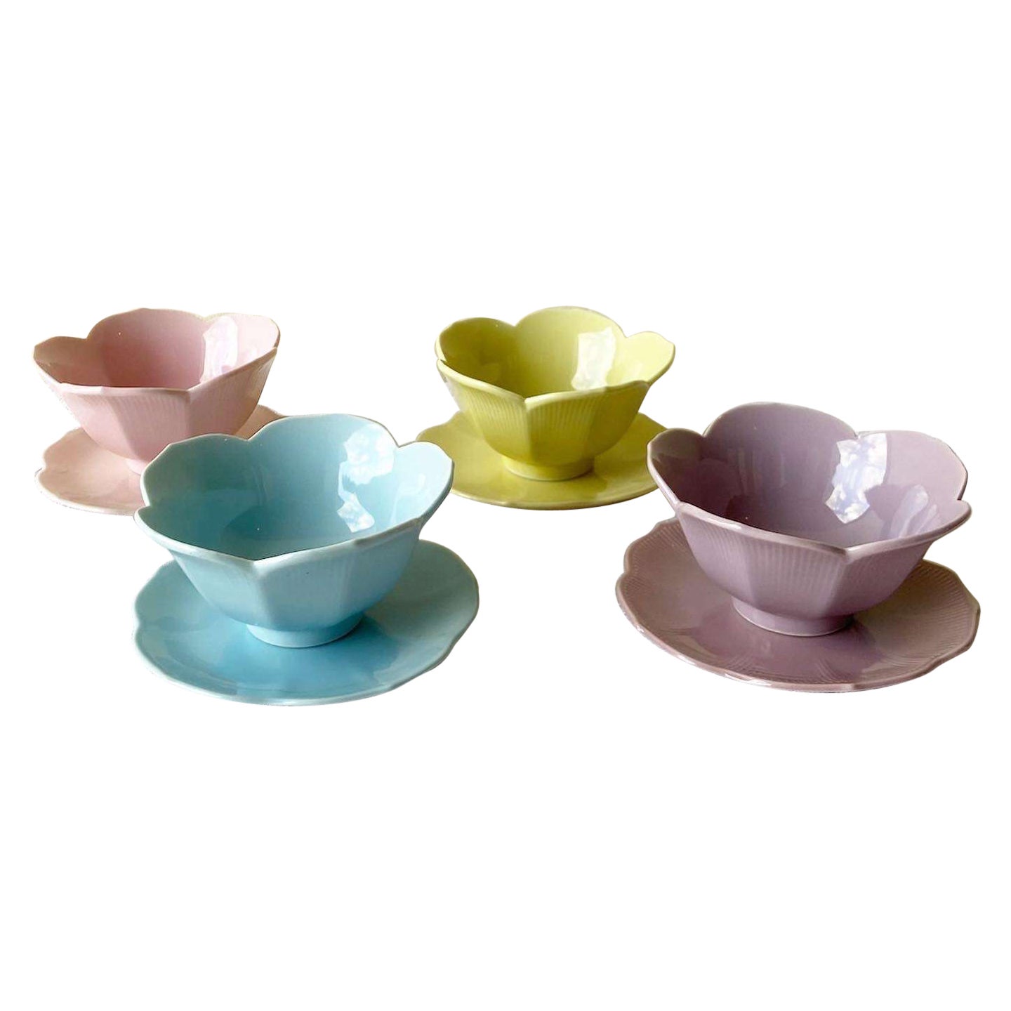 Purple, Pink, Blue and Yellow Lillian Venon Lotus Bowls and Saucers, 8 Pieces For Sale