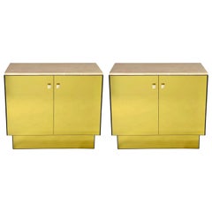 Late 20th Century Italian Pair of Yellow Mirror Cabinets w/ Honey Onyx Tops 
