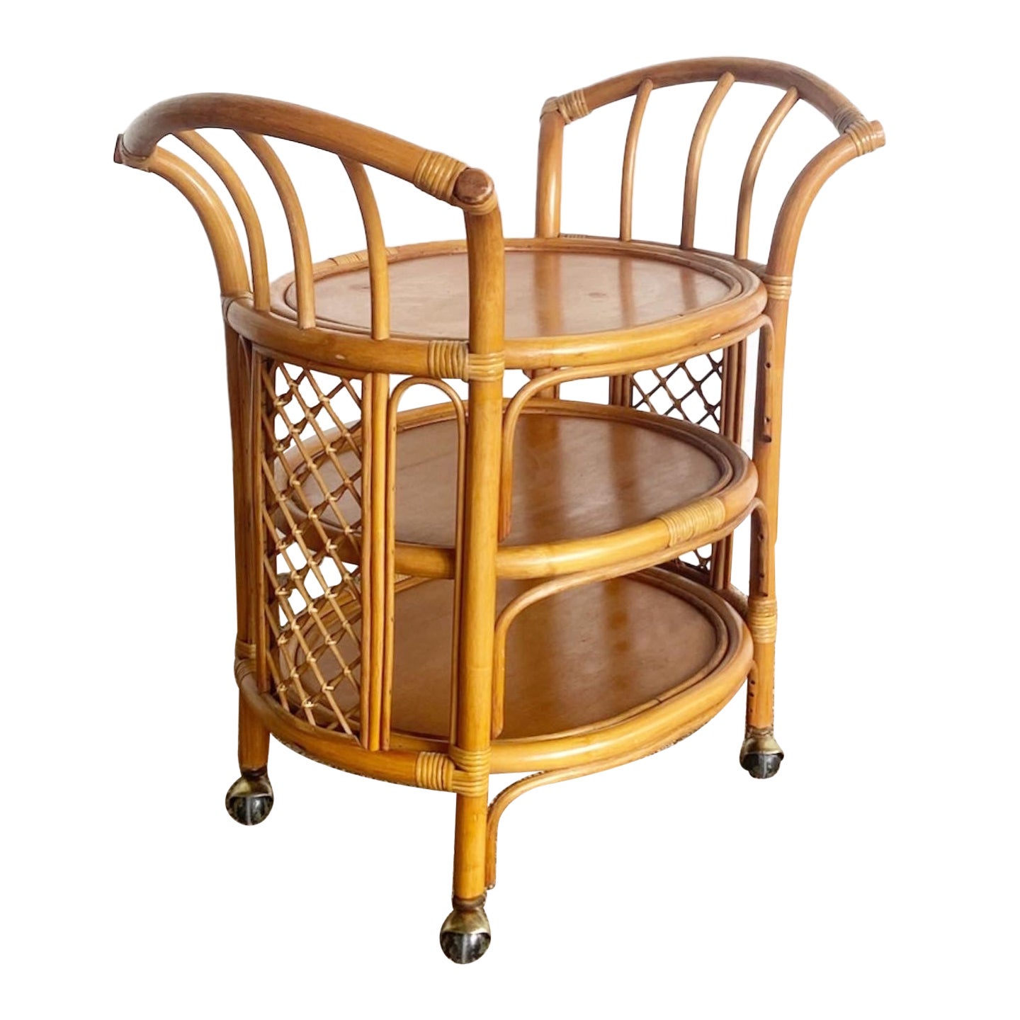 Vintage 1960 2 Tiers French Bamboo and Rattan Bar Cart For Sale at 1stDibs