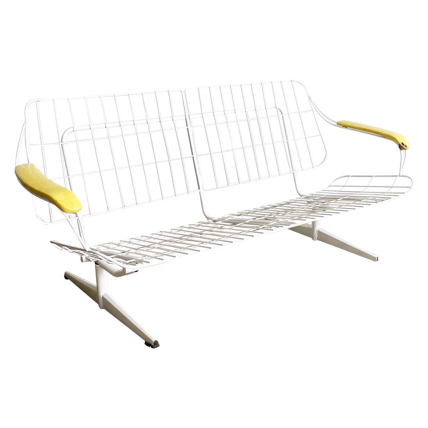 Danish Modern White Wire Metal Sofa With Yellow Arm Rests For Sale at