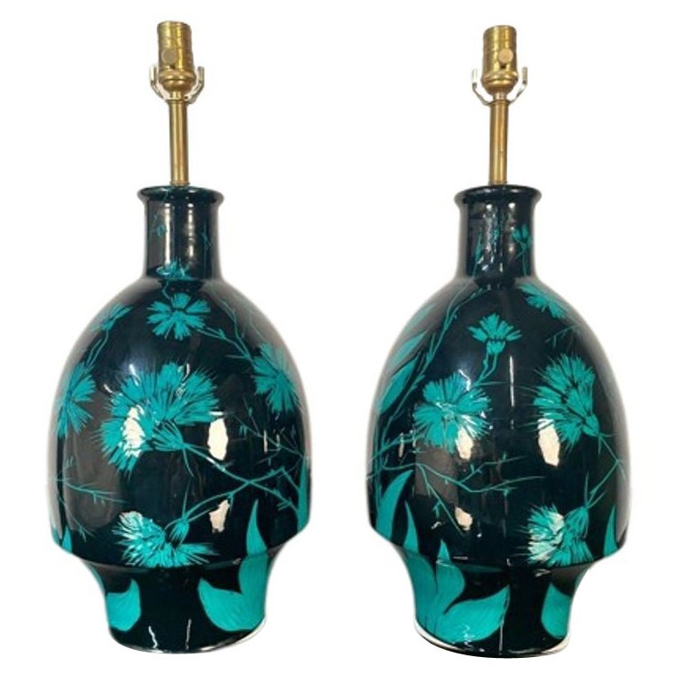 Pair of Mid-Century Modern Ceramic Floral Motif Table Lamps, Green and Blue For Sale