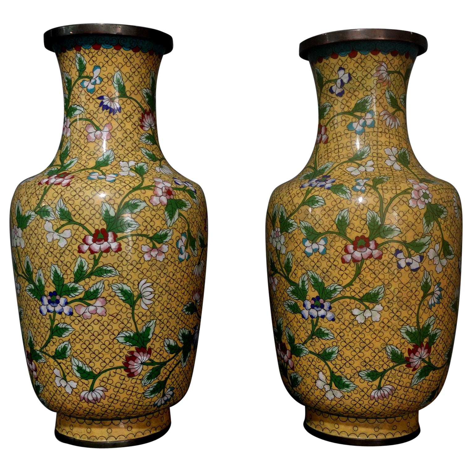 Large Pair of Chinese Bronze Cloisonné Enameled Vases For Sale