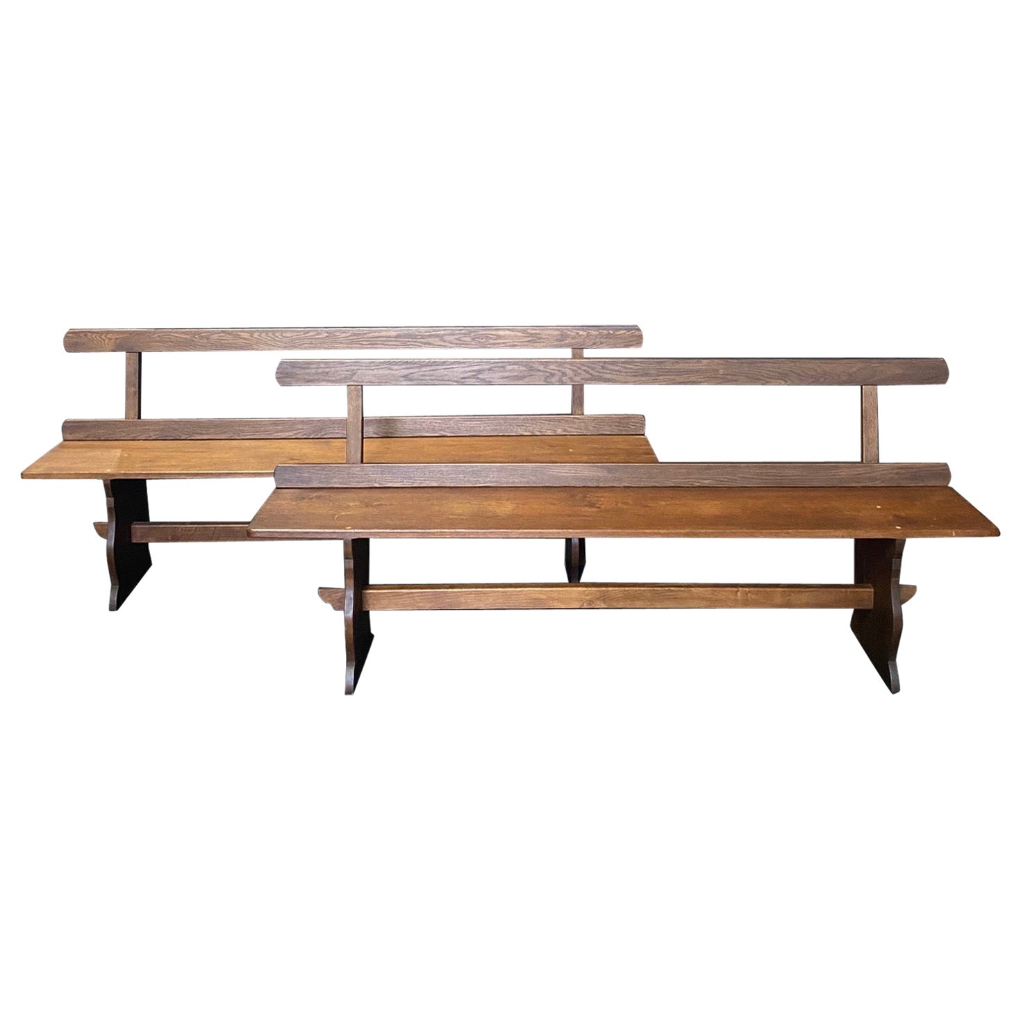 Pair of Antique French Solid Walnut Benches or Dining Seats with Backs  For Sale