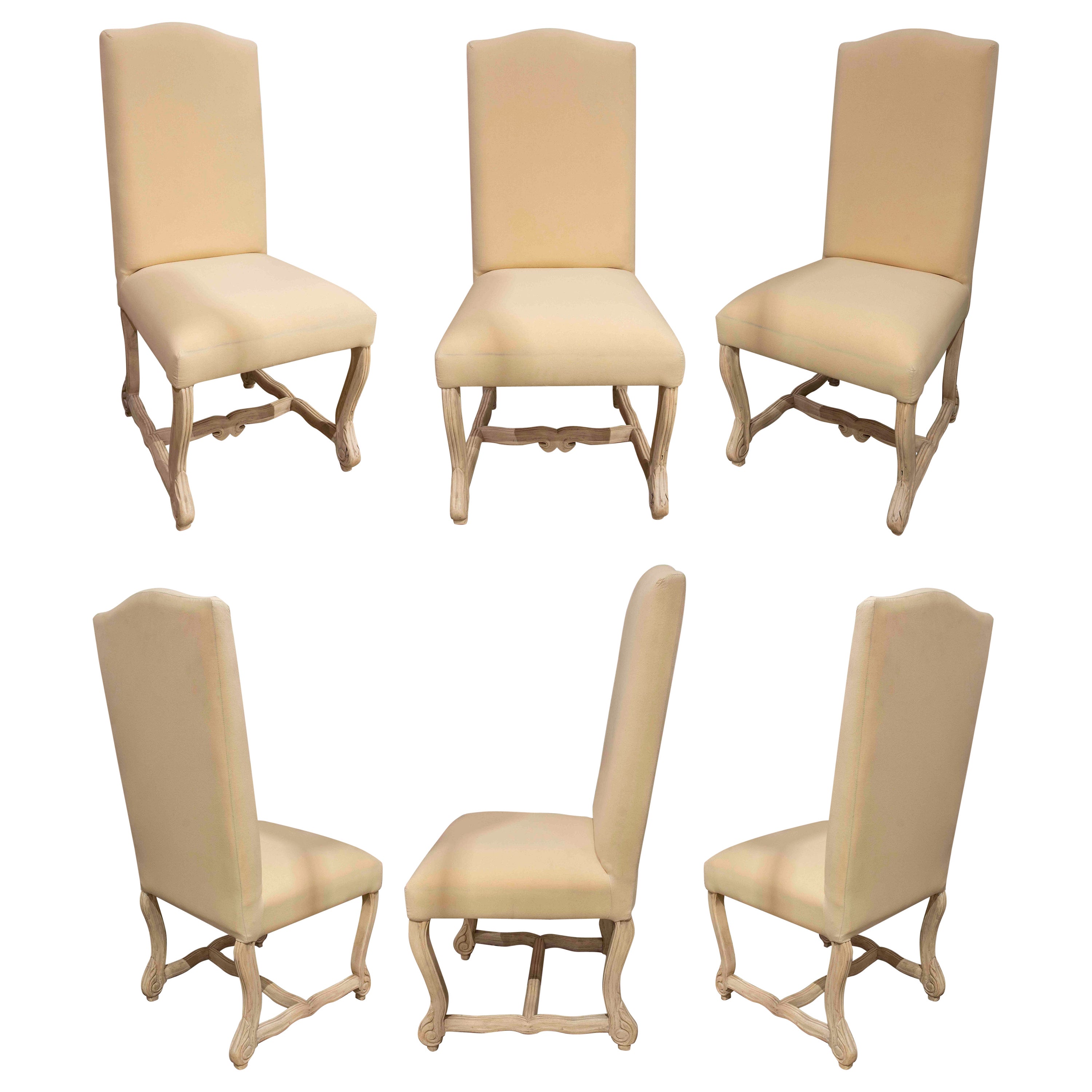 Set of Six Wooden High Backed Dining Chairs for Upholstery For Sale