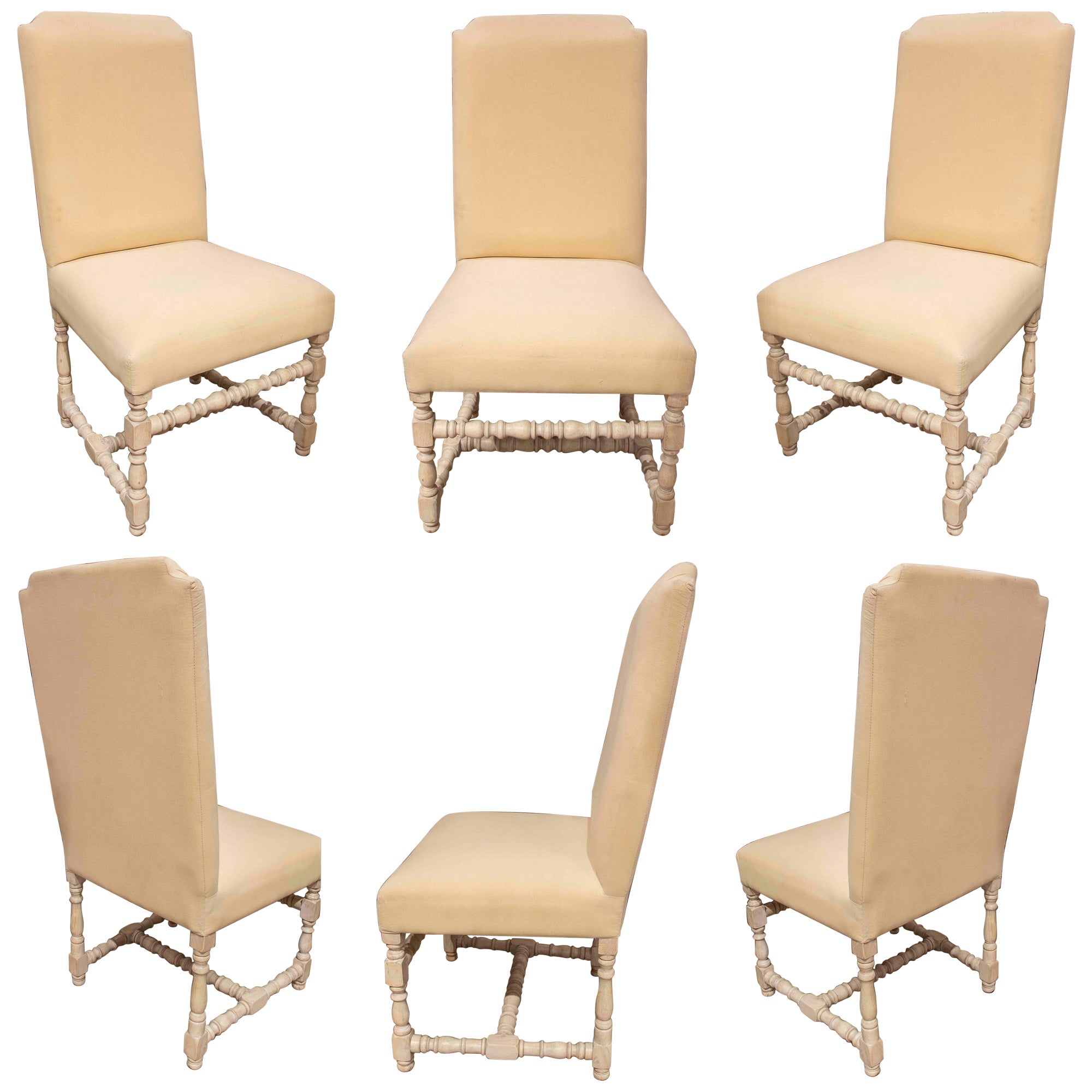 Set of Six Wooden High Backed Dining Chairs for Upholstery For Sale