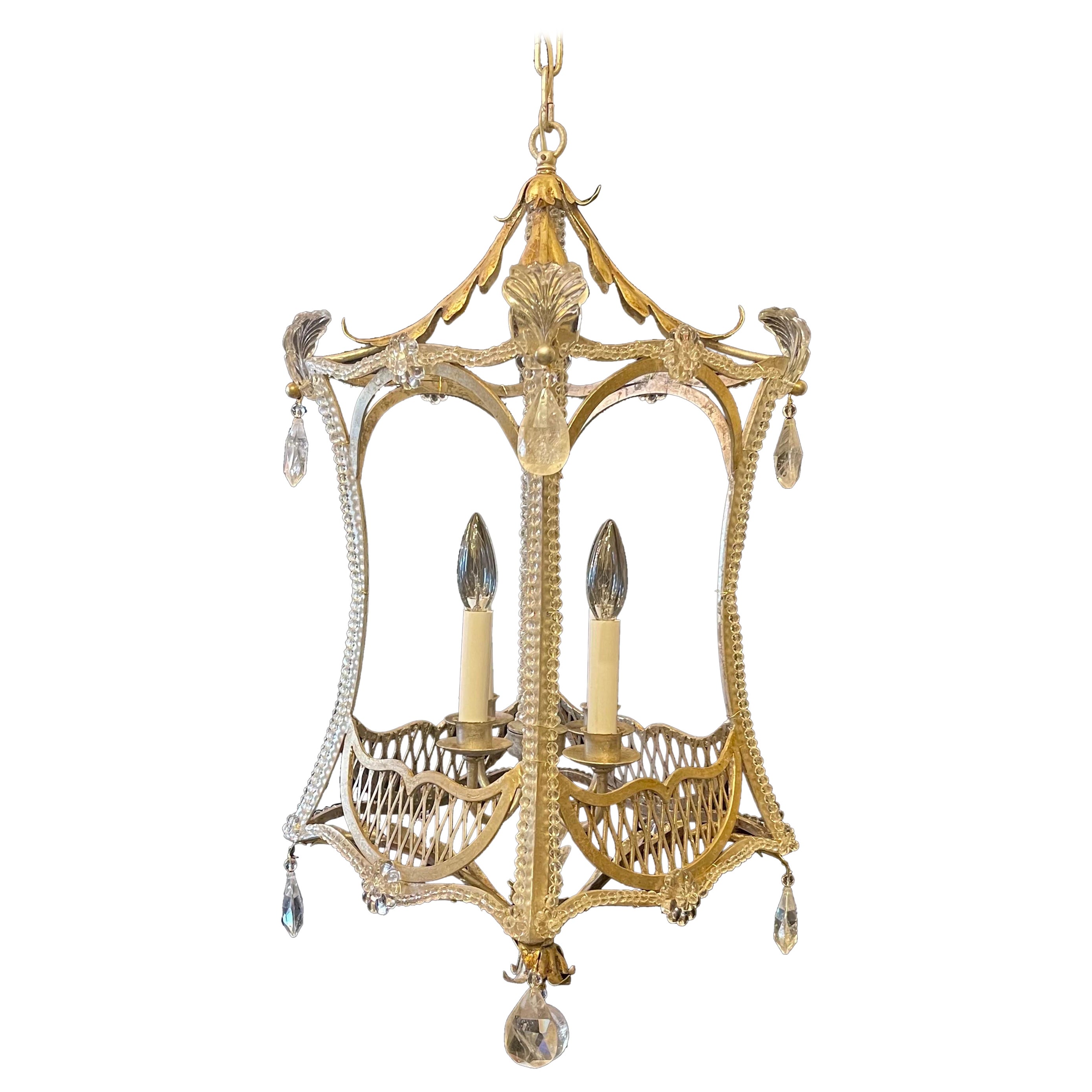 Wonderful Beaded Rock Crystal Silver Gilt Chinoiserie Pagoda Lantern Chandelier