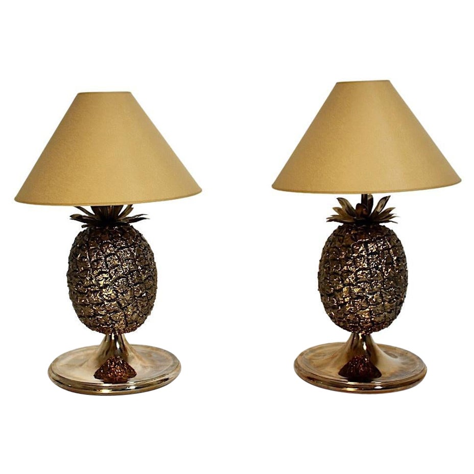 Hollywood Regency Style Vintage Brass Organic Pineapple Table Lamps Pair 1970s For Sale