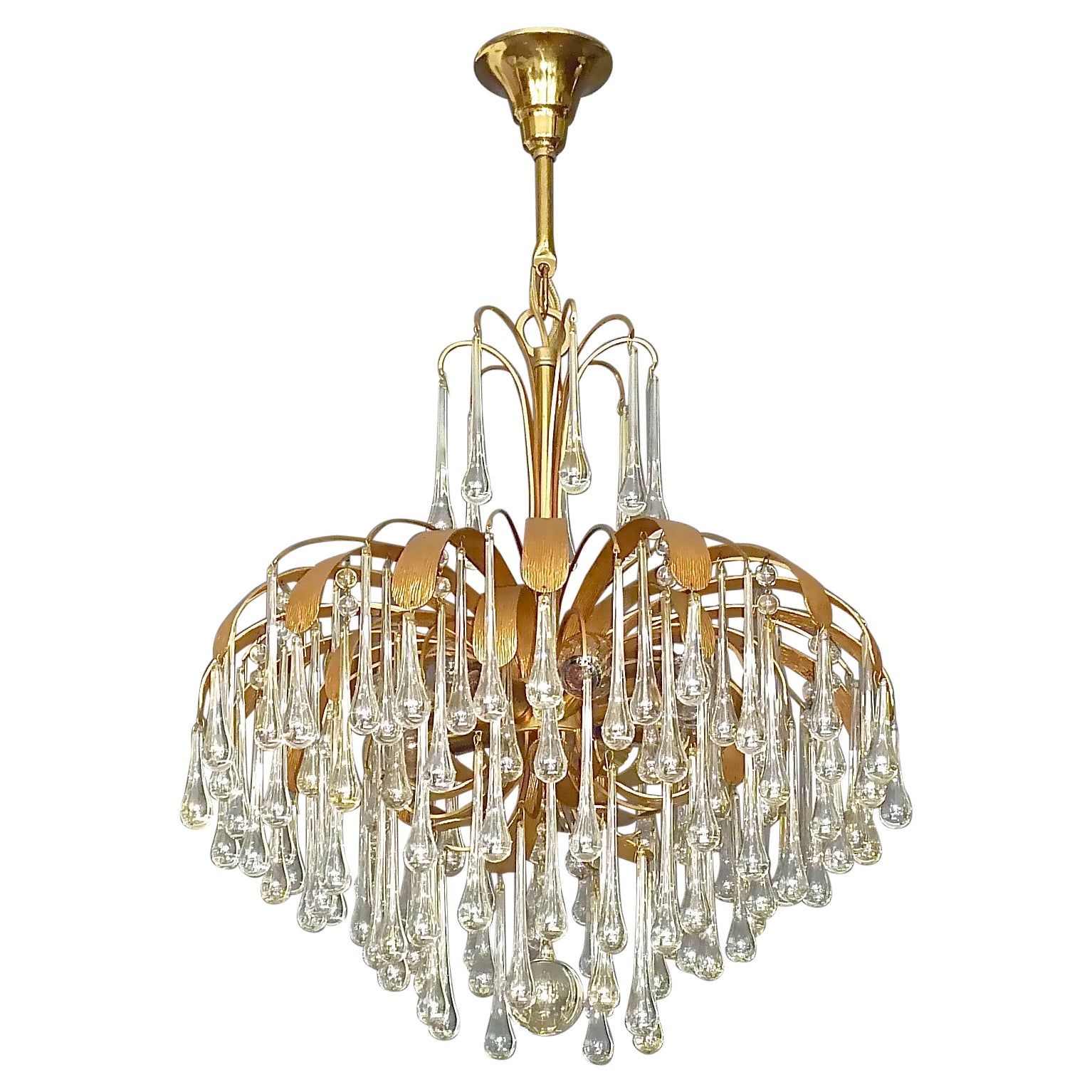 Signed Palwa Murano Glass Drop Chandelier Gilt Sputnik Flower 1960s Venini Style For Sale