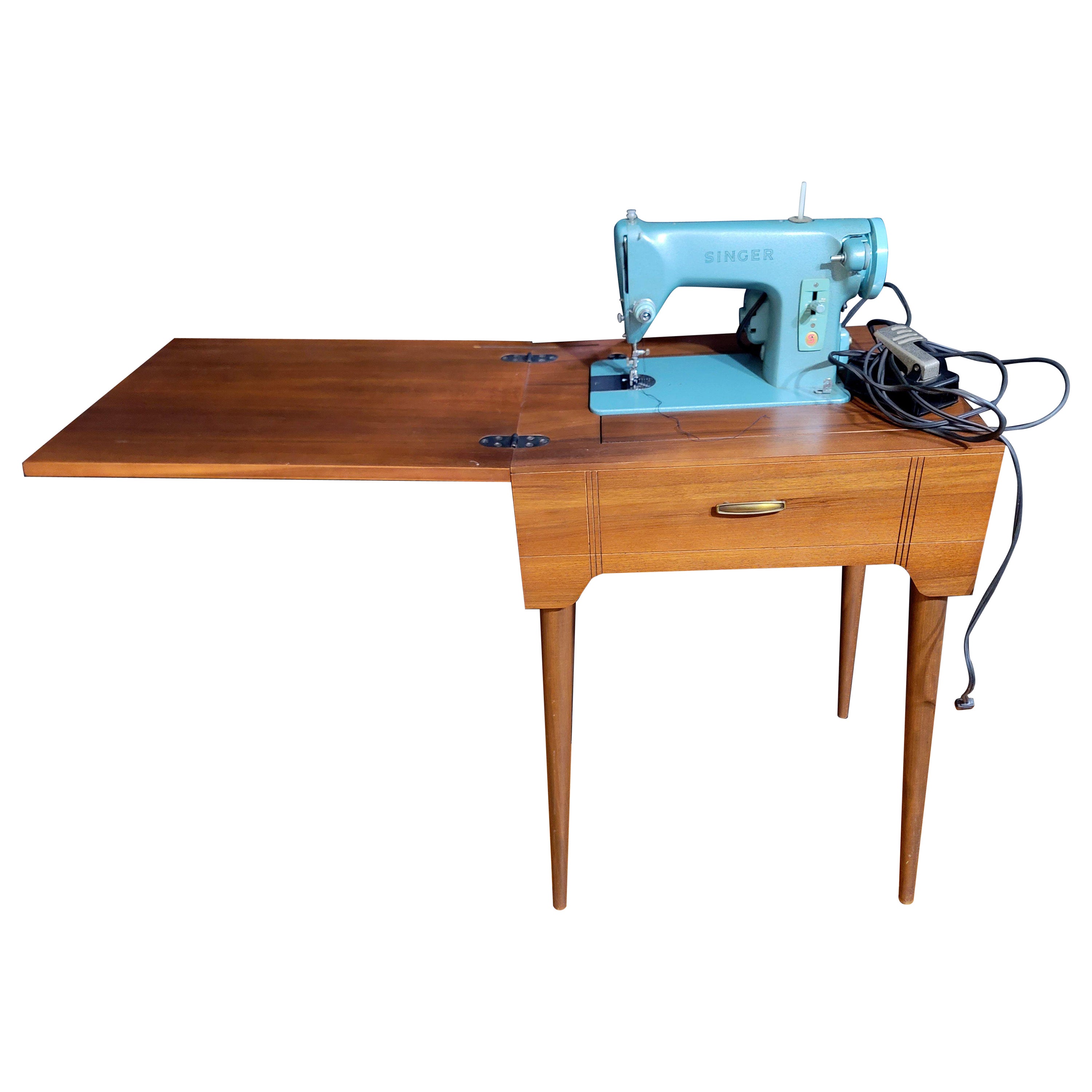 MCM Green Singer Sewing Machine in Cabinet For Sale