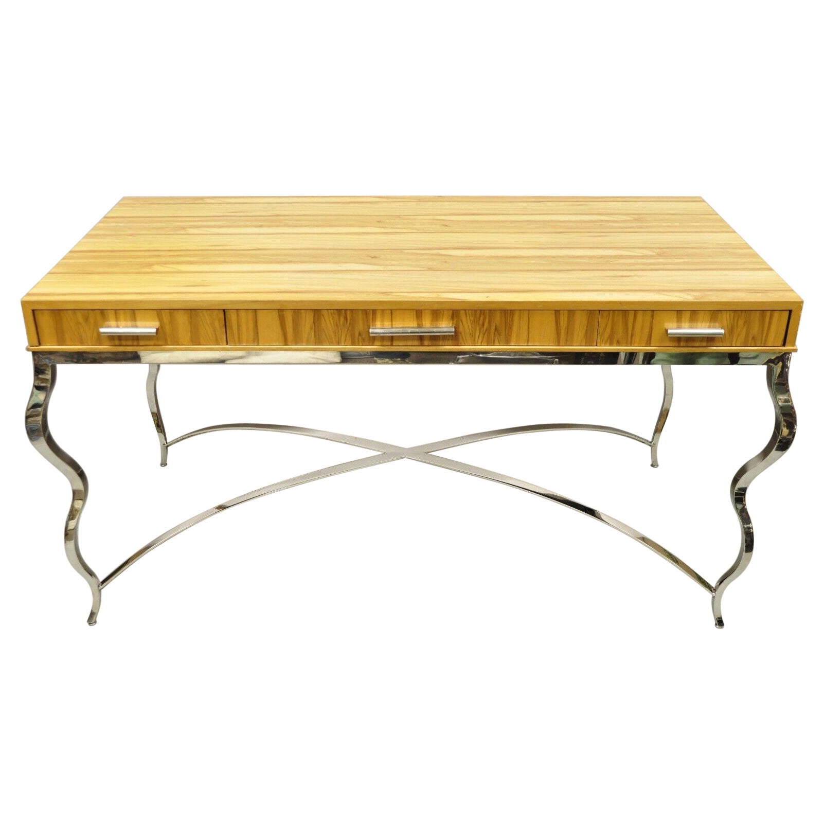 Century Furniture Modern Chrome and Zebra Wood Metal Base Desk Table 849-761 For Sale