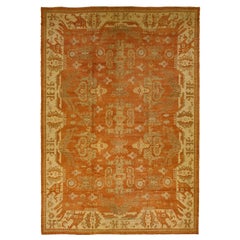 Orange Modern Turkish Oushak Wool Rug With Geometric Motif